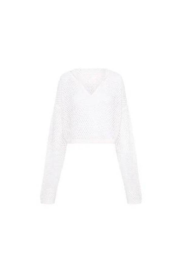 Crochet Knit Cropped Hoodie - White